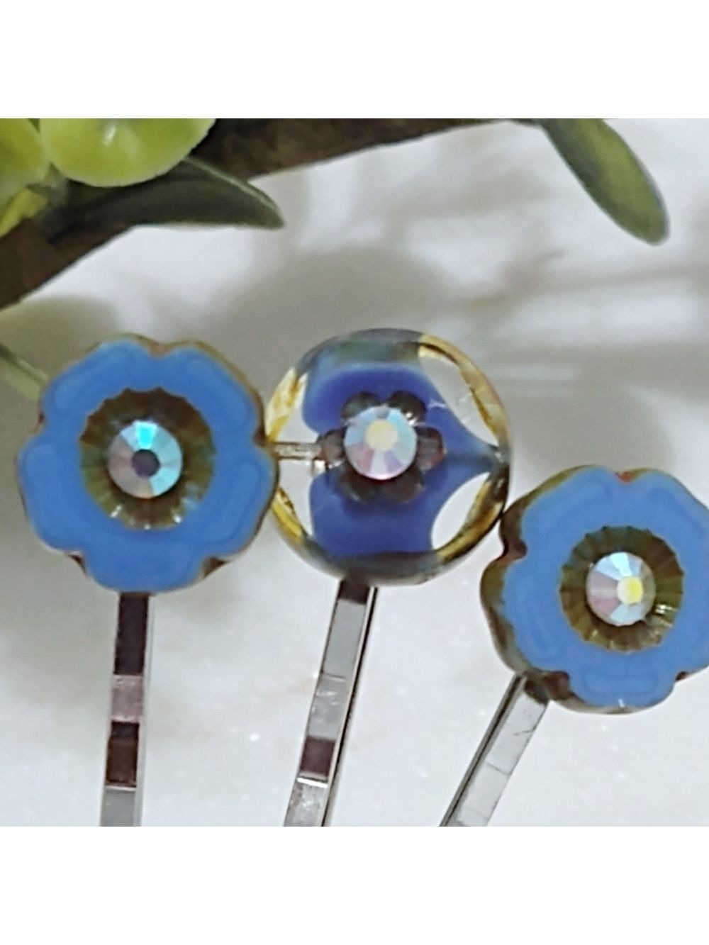 Floral Boho Rhinestone Czech Glass Blue Bead Hair Pin Set - Picture 2 of 8
